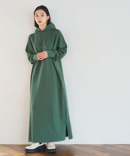 coen（コーエン）の「【WEB限定】着丈が選べる。CVC裏起毛フーディーパーカーマキシワンピース（ワンピース・レディース・ケリーグリーン/その他1/ブラック/オフホワイト・S/L/M）」の15枚目の写真