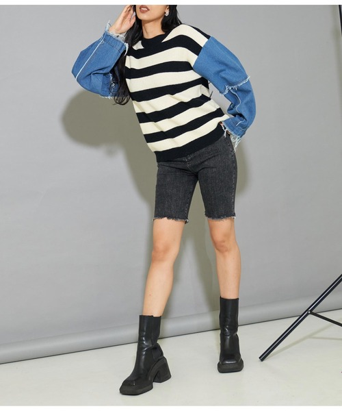 LATINA（ラティーナ）の「デニム 切替 ボーダー ニット セーター Uネック 長袖（ニット/セーター・レディース・アイボリー・FREE）」の12枚目の写真