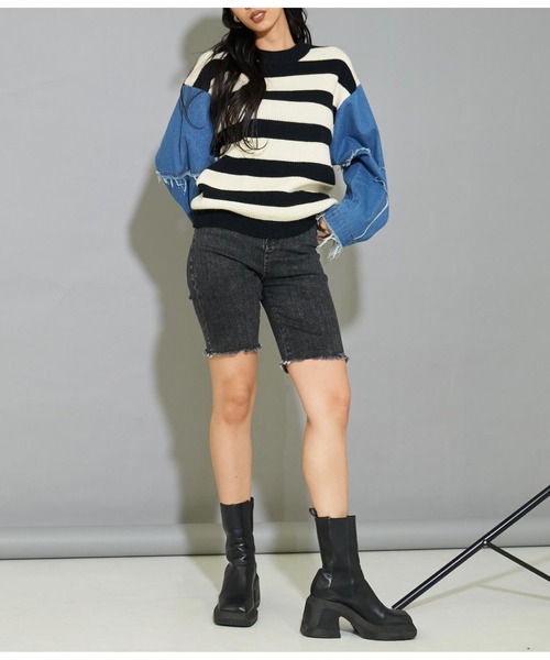 LATINA（ラティーナ）の「デニム 切替 ボーダー ニット セーター Uネック 長袖（ニット/セーター・レディース・アイボリー・FREE）」の13枚目の写真