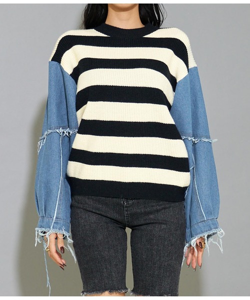 LATINA（ラティーナ）の「デニム 切替 ボーダー ニット セーター Uネック 長袖（ニット/セーター・レディース・アイボリー・FREE）」の9枚目の写真
