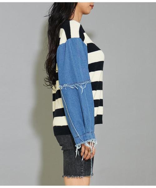 LATINA（ラティーナ）の「デニム 切替 ボーダー ニット セーター Uネック 長袖（ニット/セーター・レディース・アイボリー・FREE）」の8枚目の写真