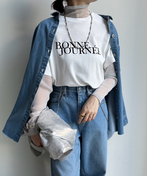 DouDou(ドゥドゥ)の「【WEB限定】ラメチュールレイヤードロゴTEE(Tシャツ/カットソー・レディース・オフホワイト/ブラック/グレー・FREE)」の3枚目の写真
