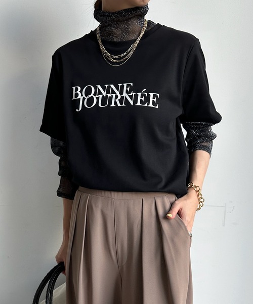 DouDou(ドゥドゥ)の「【WEB限定】ラメチュールレイヤードロゴTEE(Tシャツ/カットソー・レディース・オフホワイト/ブラック/グレー・FREE)」の1枚目の写真