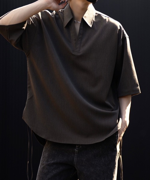 CLEL（クレイル）の「【CLEL】Herringbone TR Short Sleeve Side Lace Skipper Shirt /ヘリンボーンTR半袖サイドレーススキッパーシャツ（シャツ/ブラウス・メンズ・チャコールグレー/グレー/ブルー系/ブラウン/ブラック・L/M/S/XS）」の9枚目の写真