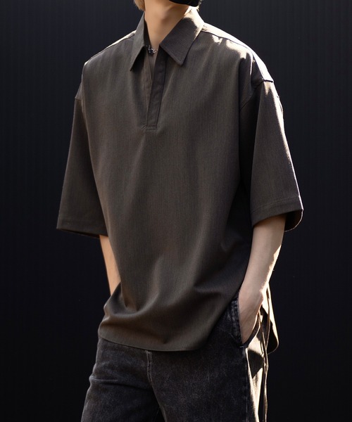 la boucle ファインウール スキッパーシャツ チャコールグレー CLEL シャツ 「CLEL」Herringbone TR Side Lace Skipper Shirt