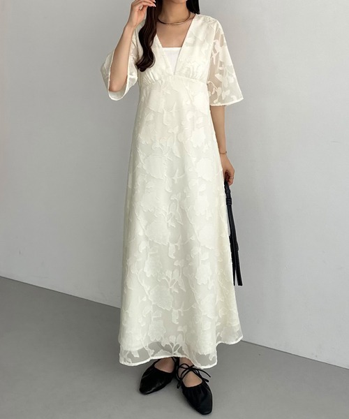 ドゥロワーFALL1 シルクウールジャカードVネックワンピ―ス