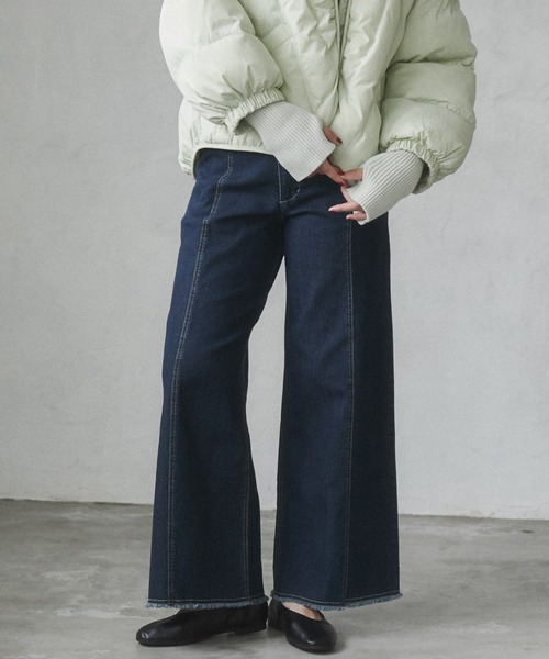 hunch(ハンチ)の「デニム/ツイル ハイウエストワンドパンツ(デニムパンツ・レディース・オフホワイト/ワンウォッシュ/ライトインディゴブルー/ライトグレー/ライトパープル/ライトイエロー・FREE)」の1枚目の写真