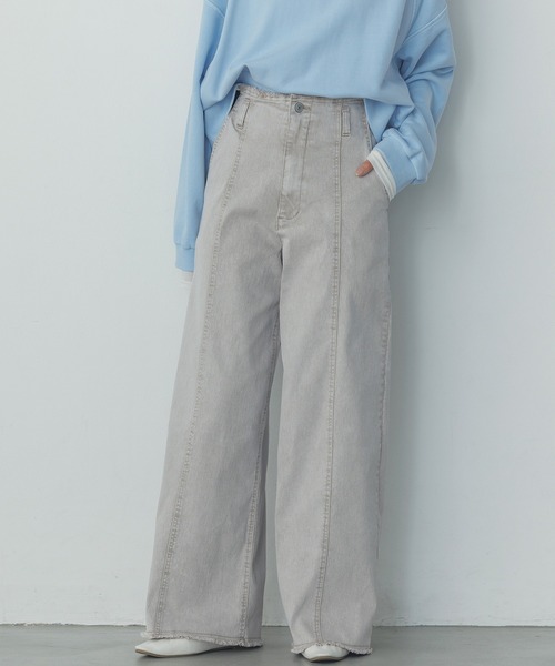 hunch(ハンチ)の「デニム/ツイル ハイウエストワンドパンツ(デニムパンツ・レディース・オフホワイト/ワンウォッシュ/ライトインディゴブルー/ライトグレー/ライトパープル/ライトイエロー・FREE)」の3枚目の写真