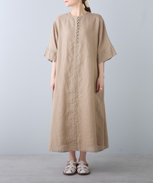 完売　ピュアルセシン　フレンチリネンワンピース 7分袖 　M　レッド pual ce cin ワンピース 「S/Mサイズ展開・WEB限定」フレンチ