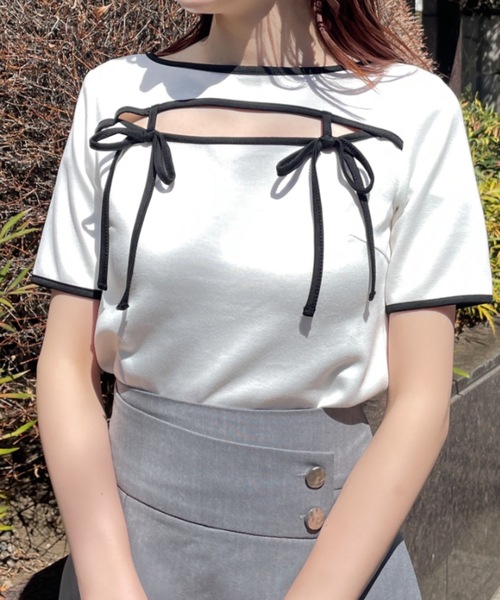 NOMAE（ノーマエ）の「【新色追加】カットアウトパイピングリボントップス（Tシャツ/カットソー・レディース・ホワイト/ベージュ/ブラック/グレー/アイボリー・FREE）」の9枚目の写真