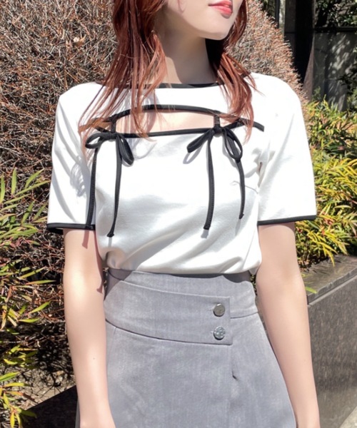 NOMAE（ノーマエ）の「【新色追加】カットアウトパイピングリボントップス（Tシャツ/カットソー・レディース・ホワイト/ベージュ/ブラック/グレー/アイボリー・FREE）」の8枚目の写真