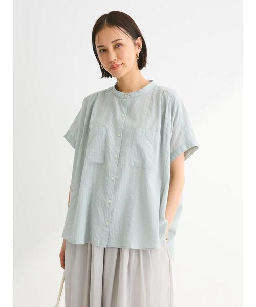 Green　Parks（グリーンパークス）の「I　バンドカラーデザイン5分袖シャツ（シャツ/ブラウス・レディース・ミント/ダークネイビー/オフホワイト・FREE）」の11枚目の写真