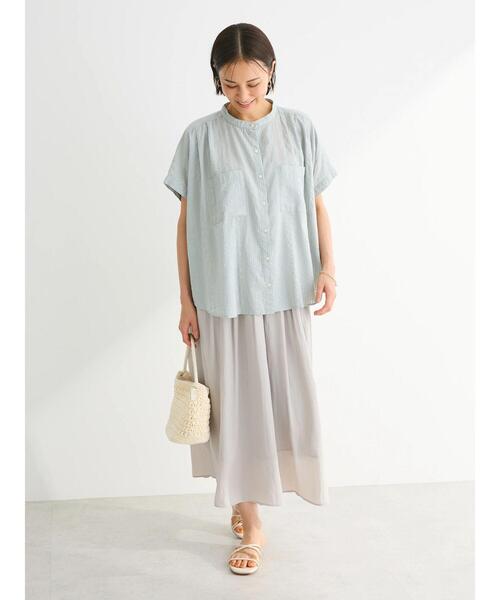 Green　Parks（グリーンパークス）の「I　バンドカラーデザイン5分袖シャツ（シャツ/ブラウス・レディース・ミント/ダークネイビー/オフホワイト・FREE）」の8枚目の写真