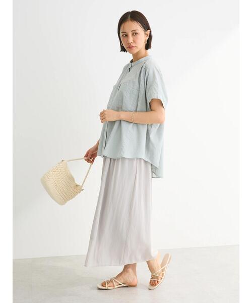 Green　Parks（グリーンパークス）の「I　バンドカラーデザイン5分袖シャツ（シャツ/ブラウス・レディース・ミント/ダークネイビー/オフホワイト・FREE）」の9枚目の写真