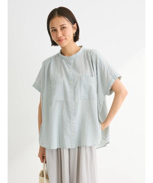 Green　Parks（グリーンパークス）の「I　バンドカラーデザイン5分袖シャツ（シャツ/ブラウス・レディース・ミント/ダークネイビー/オフホワイト・FREE）」の12枚目の写真