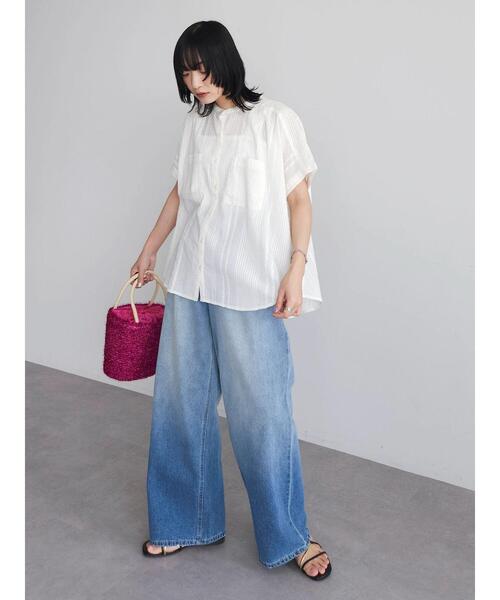 Green　Parks（グリーンパークス）の「I　バンドカラーデザイン5分袖シャツ（シャツ/ブラウス・レディース・ミント/ダークネイビー/オフホワイト・FREE）」の4枚目の写真