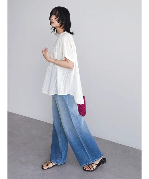 Green　Parks（グリーンパークス）の「I　バンドカラーデザイン5分袖シャツ（シャツ/ブラウス・レディース・ミント/ダークネイビー/オフホワイト・FREE）」の5枚目の写真