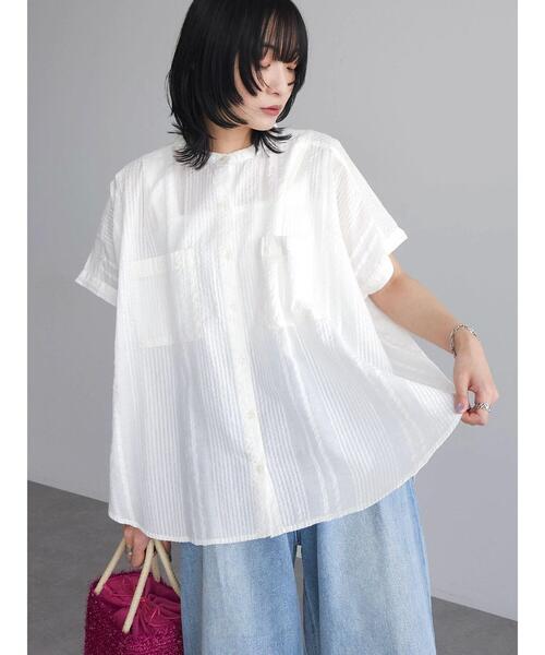 Green　Parks（グリーンパークス）の「I　バンドカラーデザイン5分袖シャツ（シャツ/ブラウス・レディース・ミント/ダークネイビー/オフホワイト・FREE）」の7枚目の写真