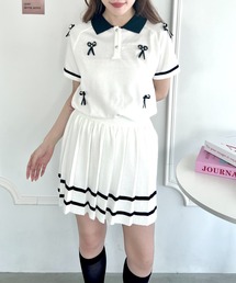 Loueme（ルエム）の「メニーリボンポロ&ラインスカートセットアップ（セットアップ）」
