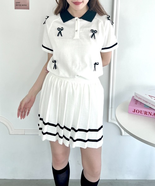 セール】メニーリボンポロ&ラインスカートセットアップ（セットアップ