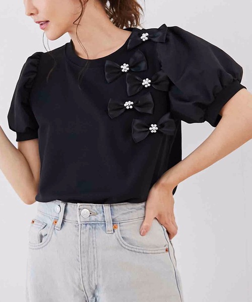 M y u(ミュー)の「リボンパフスリーブTシャツ(Tシャツ/カットソー・レディース・ホワイト/ブラック・MEDIUM/LARGE)」の2枚目の写真