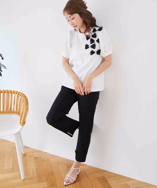 M y u(ミュー)の「リボンパフスリーブTシャツ(Tシャツ/カットソー・レディース・ホワイト/ブラック・MEDIUM/LARGE)」の3枚目の写真