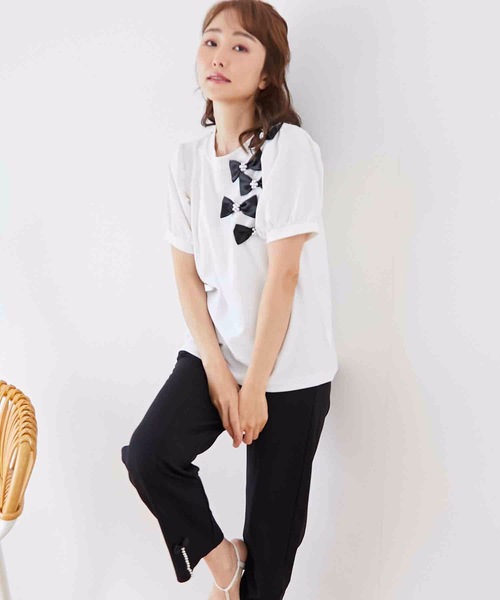 M y u(ミュー)の「リボンパフスリーブTシャツ(Tシャツ/カットソー・レディース・ホワイト/ブラック・MEDIUM/LARGE)」の4枚目の写真
