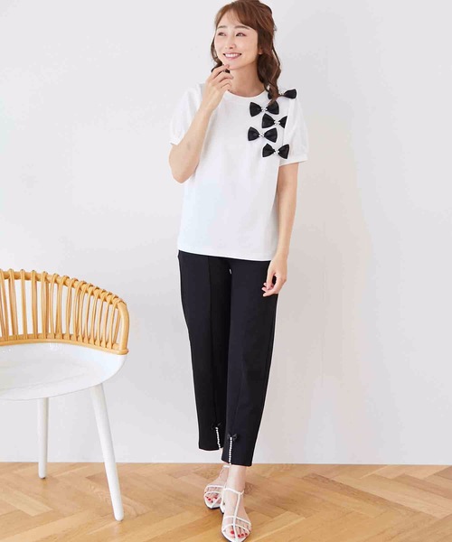 M y u(ミュー)の「リボンパフスリーブTシャツ(Tシャツ/カットソー・レディース・ホワイト/ブラック・MEDIUM/LARGE)」の5枚目の写真