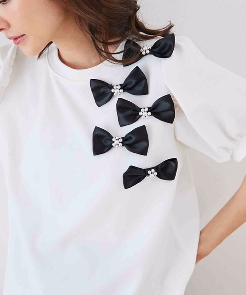 M y u(ミュー)の「リボンパフスリーブTシャツ(Tシャツ/カットソー・レディース・ホワイト/ブラック・MEDIUM/LARGE)」の9枚目の写真