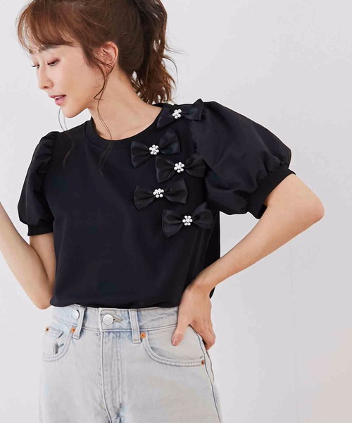M y u(ミュー)の「リボンパフスリーブTシャツ(Tシャツ/カットソー・レディース・ホワイト/ブラック・MEDIUM/LARGE)」の10枚目の写真