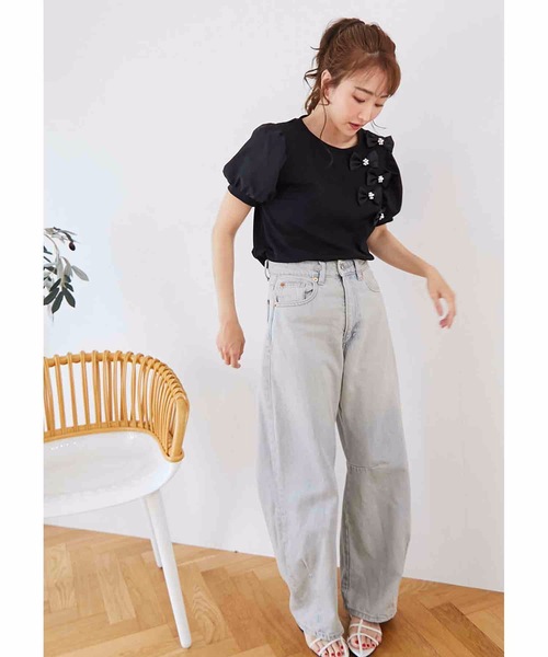 M y u(ミュー)の「リボンパフスリーブTシャツ(Tシャツ/カットソー・レディース・ホワイト/ブラック・MEDIUM/LARGE)」の11枚目の写真
