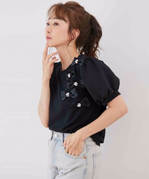 M y u(ミュー)の「リボンパフスリーブTシャツ(Tシャツ/カットソー・レディース・ホワイト/ブラック・MEDIUM/LARGE)」の12枚目の写真