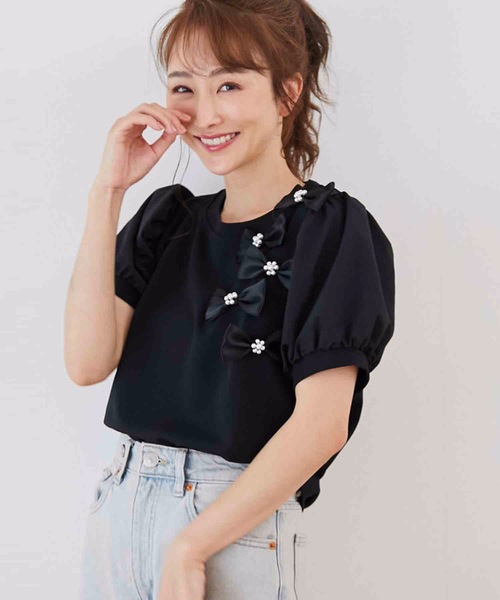 M y u(ミュー)の「リボンパフスリーブTシャツ(Tシャツ/カットソー・レディース・ホワイト/ブラック・MEDIUM/LARGE)」の13枚目の写真