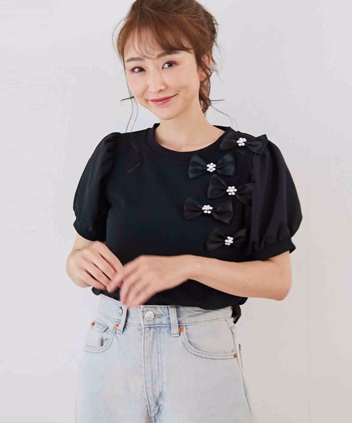 M y u(ミュー)の「リボンパフスリーブTシャツ(Tシャツ/カットソー・レディース・ホワイト/ブラック・MEDIUM/LARGE)」の22枚目の写真