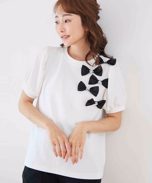M y u(ミュー)の「リボンパフスリーブTシャツ(Tシャツ/カットソー・レディース・ホワイト/ブラック・MEDIUM/LARGE)」の21枚目の写真