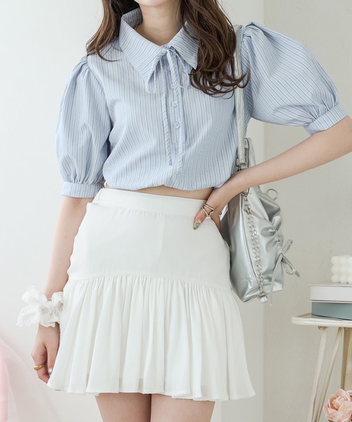 Ambre Neige(アンブルネージュ)の「ribbon stripe short shirt / リボンストライプショートシャツ(シャツ/ブラウス・レディース・ベビーピンク/ライトブルー・FREE)」の3枚目の写真