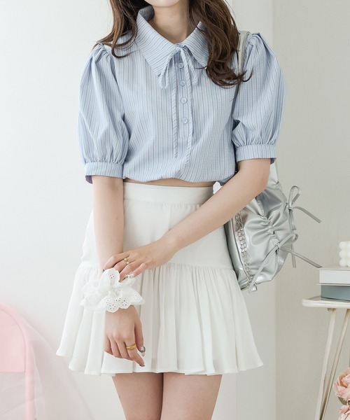 Ambre Neige(アンブルネージュ)の「ribbon stripe short shirt / リボンストライプショートシャツ(シャツ/ブラウス・レディース・ベビーピンク/ライトブルー・FREE)」の4枚目の写真