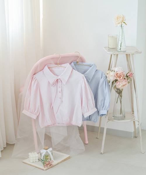 Ambre Neige(アンブルネージュ)の「ribbon stripe short shirt / リボンストライプショートシャツ(シャツ/ブラウス・レディース・ベビーピンク/ライトブルー・FREE)」の16枚目の写真
