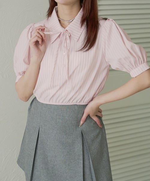 Ambre Neige(アンブルネージュ)の「ribbon stripe short shirt / リボンストライプショートシャツ(シャツ/ブラウス・レディース・ベビーピンク/ライトブルー・FREE)」の21枚目の写真