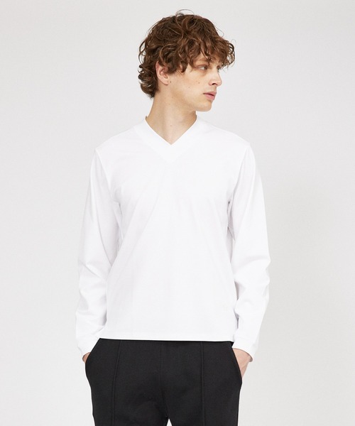 DESIGNWORKS(デザインワークス)の「【Vネック】ストレッチ ポンチ ドレス 長袖Tシャツ(Tシャツ/カットソー・メンズ・ホワイト/ブラック・48/46)」の1枚目の写真