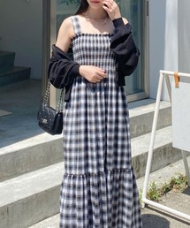 チェック柄シャーリングワンピース