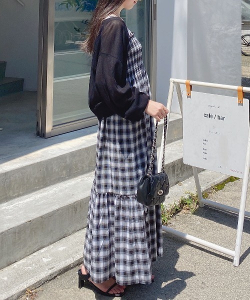 セール】チェック柄シャーリングワンピース（ワンピース