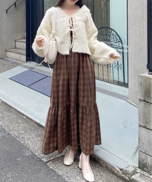【CHICLINE】SKEND チェックシフォンシャーリングワンピース セール】チェック柄シャーリングワンピース（ワンピース