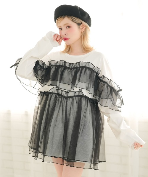 DearMyLoveRose(ディアマイラブローズ)の「チュールフリルリボンチュニックロンT(Tシャツ/カットソー・レディース・ホワイト×ピンク/ホワイト×ブラック/ブラック×グレー/ブラック・LL~3L/M-L)」の2枚目の写真