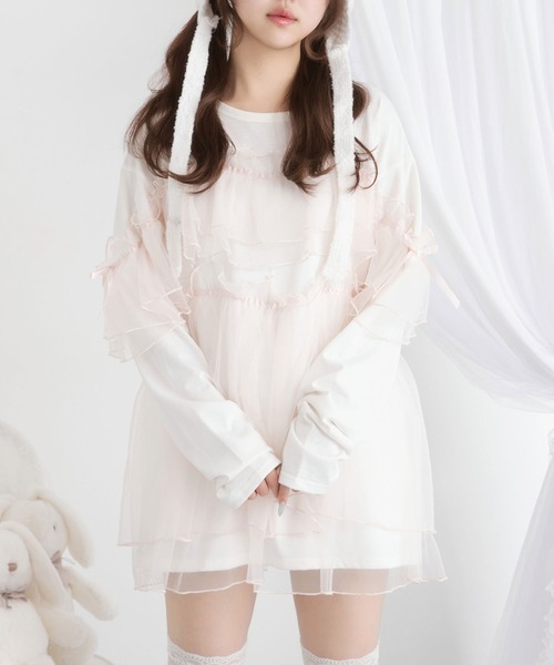 DearMyLoveRose(ディアマイラブローズ)の「チュールフリルリボンチュニックロンT(Tシャツ/カットソー・レディース・ホワイト×ピンク/ホワイト×ブラック/ブラック×グレー/ブラック・LL~3L/M-L)」の3枚目の写真