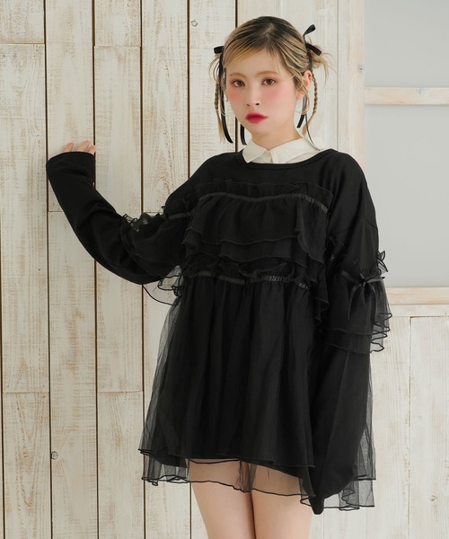 チュールフリルリボンチュニックロンT（Tシャツ/カットソー
