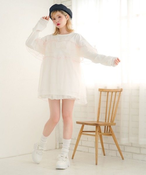 DearMyLoveRose(ディアマイラブローズ)の「チュールフリルリボンチュニックロンT(Tシャツ/カットソー・レディース・ホワイト×ピンク/ホワイト×ブラック/ブラック×グレー/ブラック・LL~3L/M-L)」の5枚目の写真