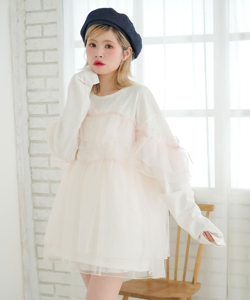 DearMyLoveRose(ディアマイラブローズ)の「チュールフリルリボンチュニックロンT(Tシャツ/カットソー・レディース・ホワイト×ピンク/ホワイト×ブラック/ブラック×グレー/ブラック・LL~3L/M-L)」の8枚目の写真