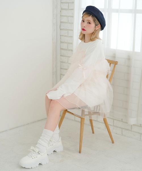 DearMyLoveRose(ディアマイラブローズ)の「チュールフリルリボンチュニックロンT(Tシャツ/カットソー・レディース・ホワイト×ピンク/ホワイト×ブラック/ブラック×グレー/ブラック・LL~3L/M-L)」の9枚目の写真