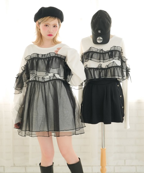 DearMyLoveRose(ディアマイラブローズ)の「チュールフリルリボンチュニックロンT(Tシャツ/カットソー・レディース・ホワイト×ピンク/ホワイト×ブラック/ブラック×グレー/ブラック・LL~3L/M-L)」の12枚目の写真